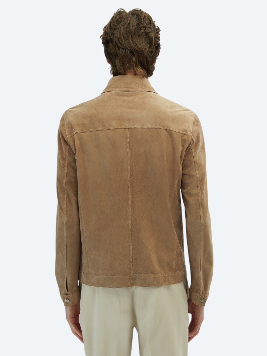 Beige Regular Fit Turtleneck Smart Casual Double-Sided Leather Coat - 7