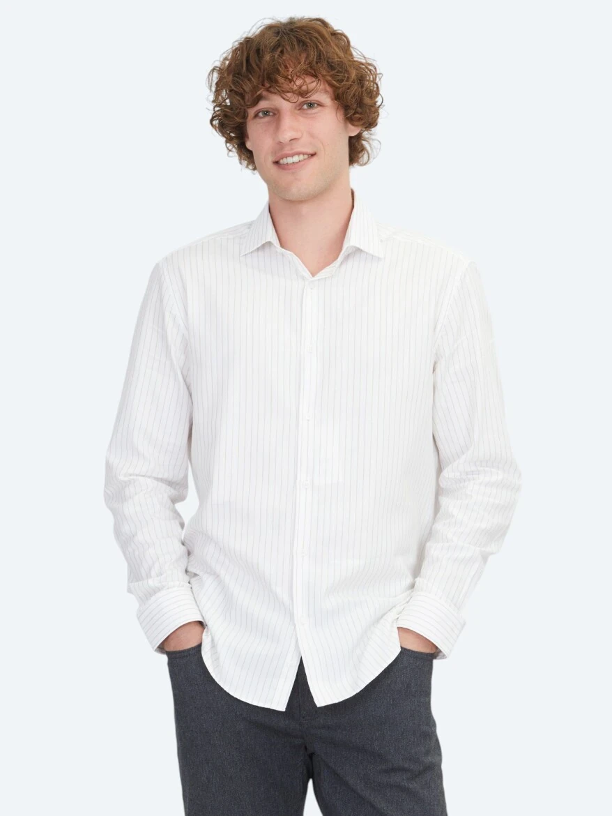 Beige Regular Fit Weaving Classical 100% Cotton Shirt - 1