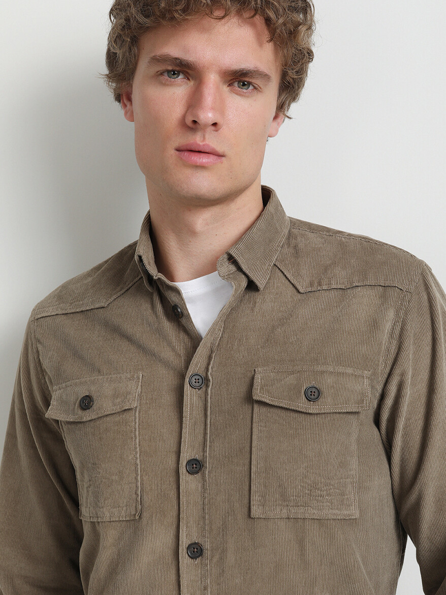 Beige Ribbed Regular Fit Long Weaving Casual 100% Cotton Shirt - 1