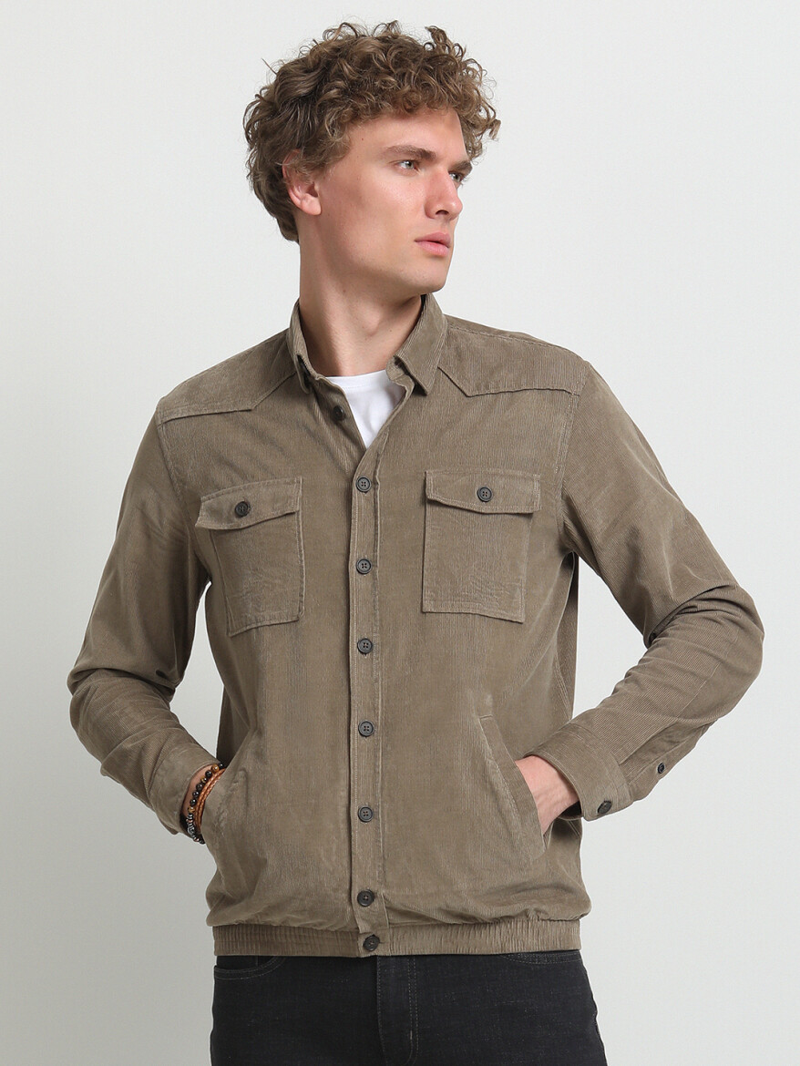 Beige Ribbed Regular Fit Long Weaving Casual 100% Cotton Shirt - 2