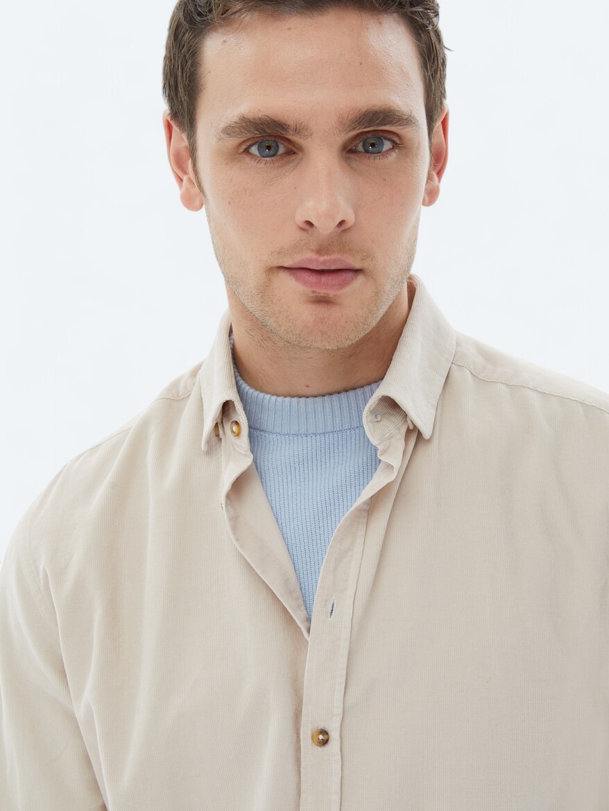 Beige Ribbed Regular Fit Long Weaving Casual 100% Cotton Shirt - 2