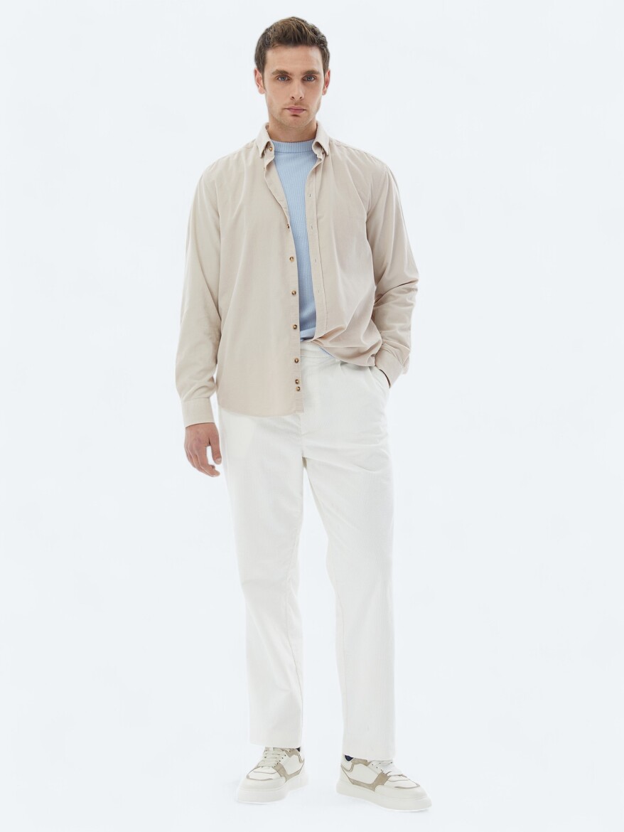 Beige Ribbed Regular Fit Long Weaving Casual 100% Cotton Shirt - 3