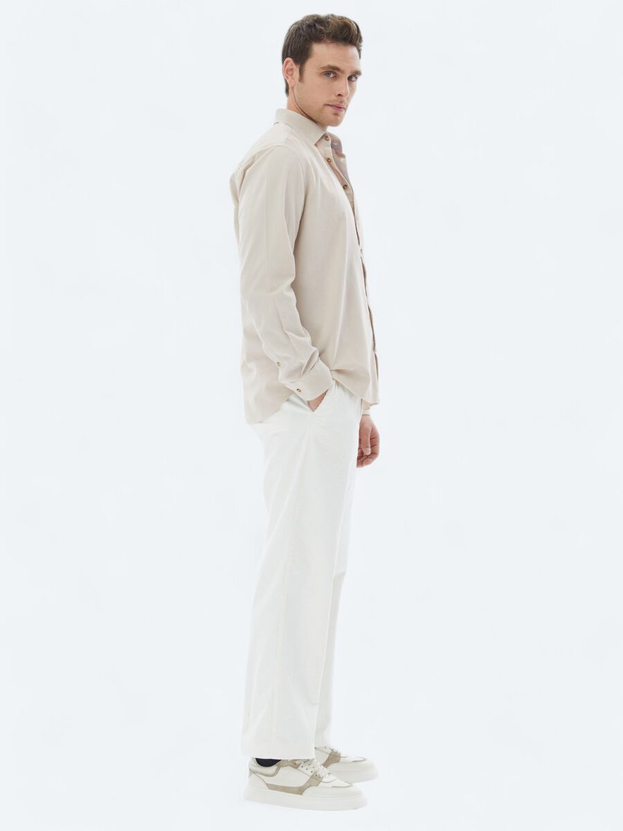 Beige Ribbed Regular Fit Long Weaving Casual 100% Cotton Shirt - 4