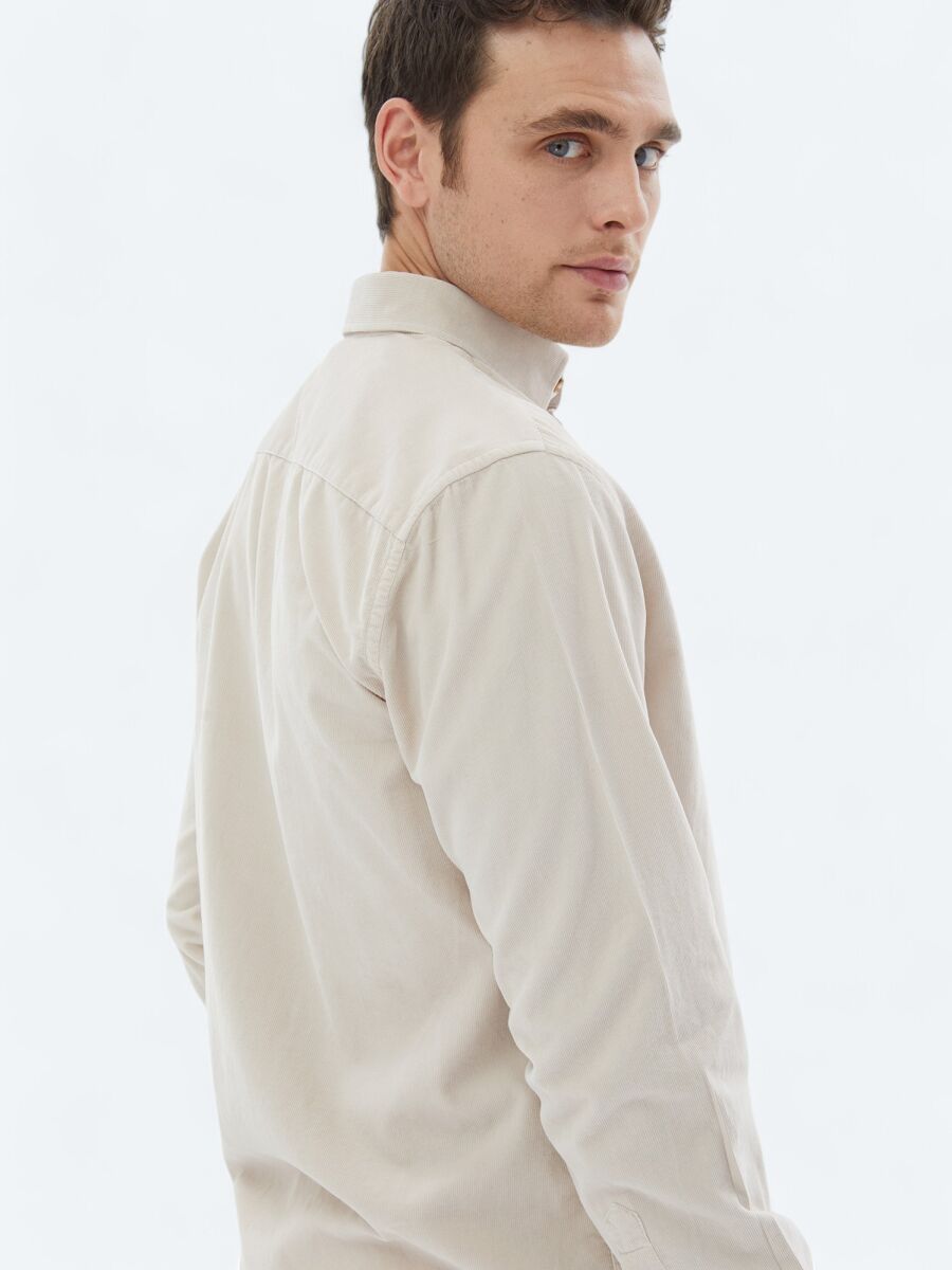 Beige Ribbed Regular Fit Long Weaving Casual 100% Cotton Shirt - 5