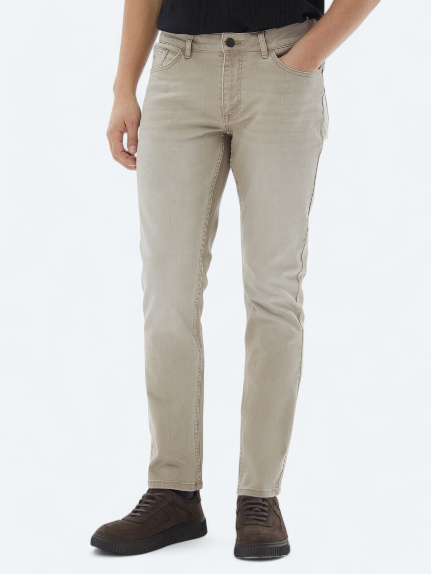 Beige Slim Fit Denim Cotton Blended Trousers - 2