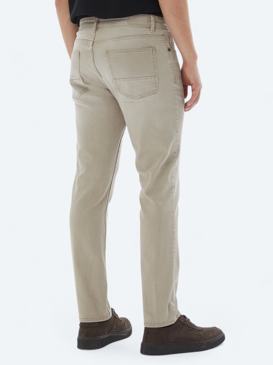 Beige Slim Fit Denim Cotton Blended Trousers - 4