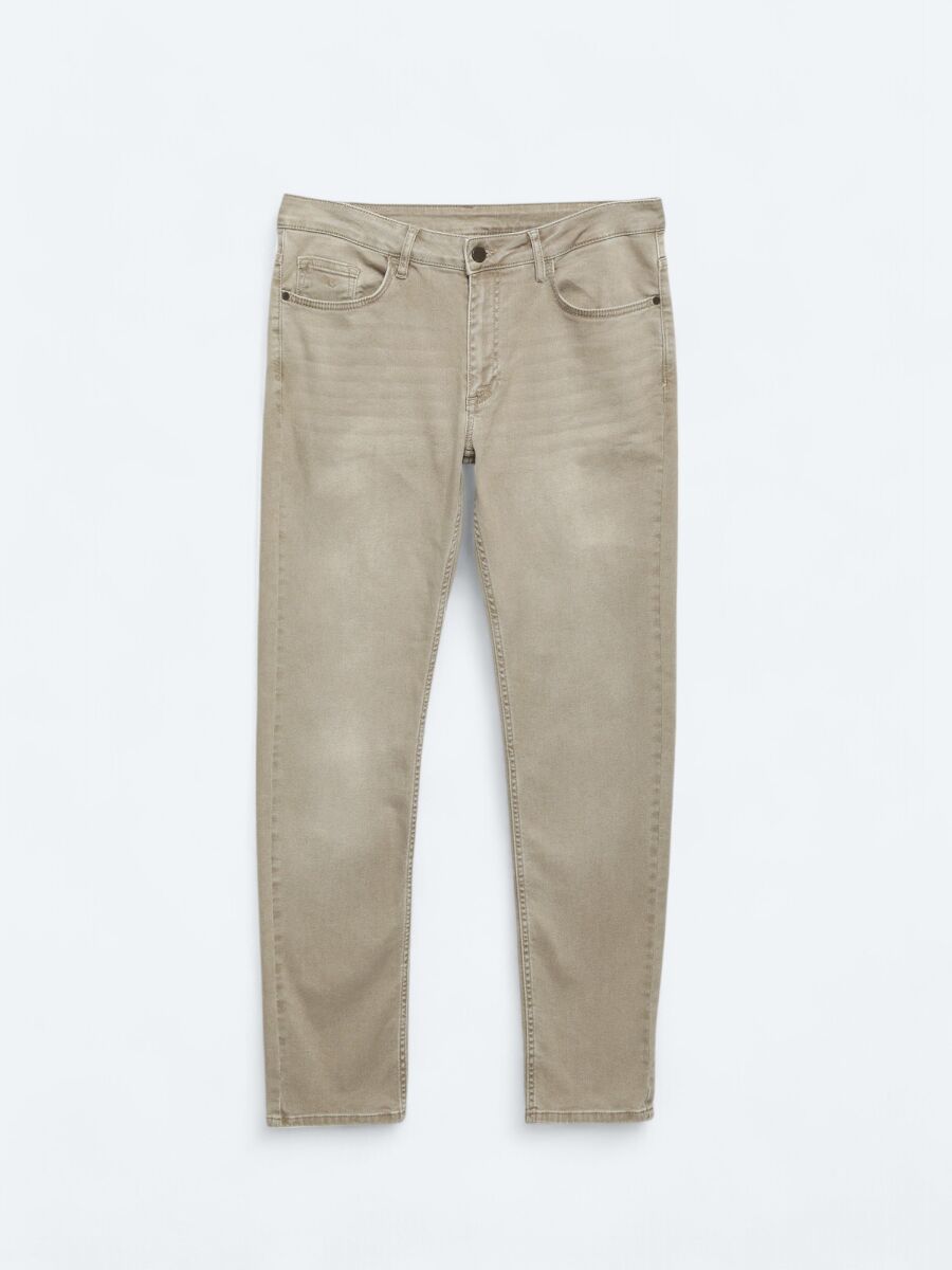 Beige Slim Fit Denim Cotton Blended Trousers - 5