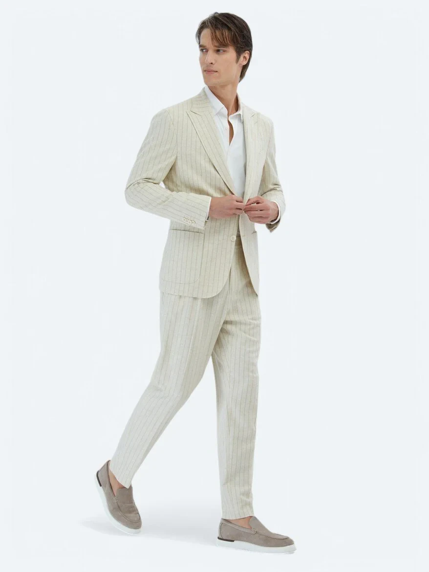 Beige Striped Comfort Fit Linen Blended Suit - 3