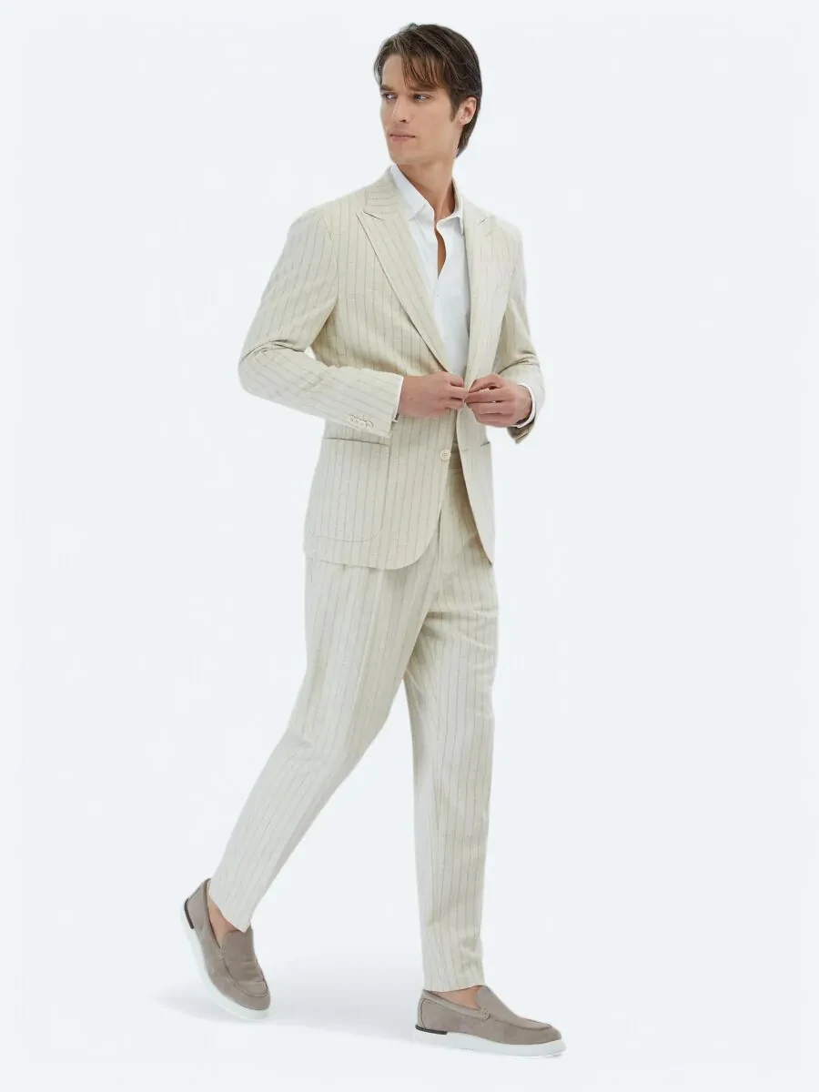 Beige Striped Comfort Fit Linen Blended Suit - 3