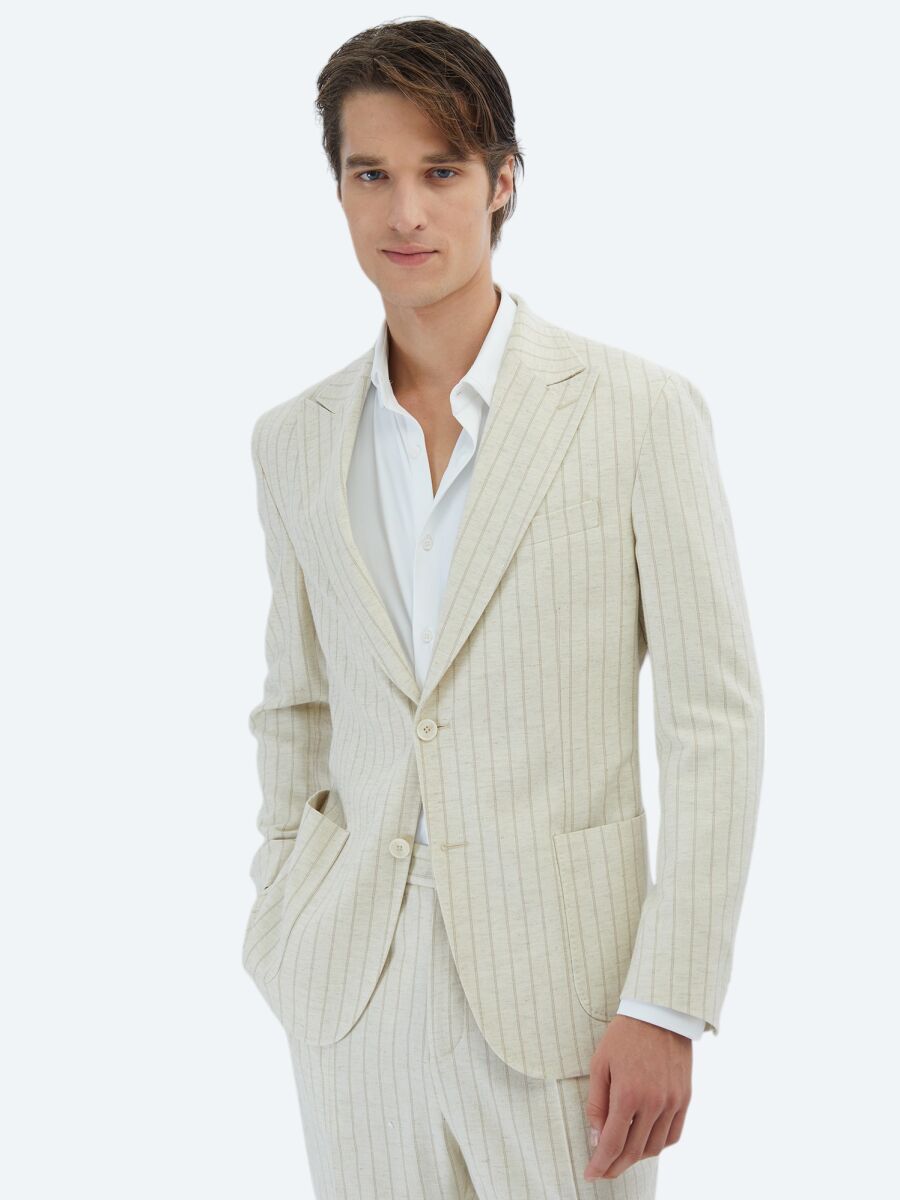 Beige Striped Comfort Fit Linen Blended Suit - 1