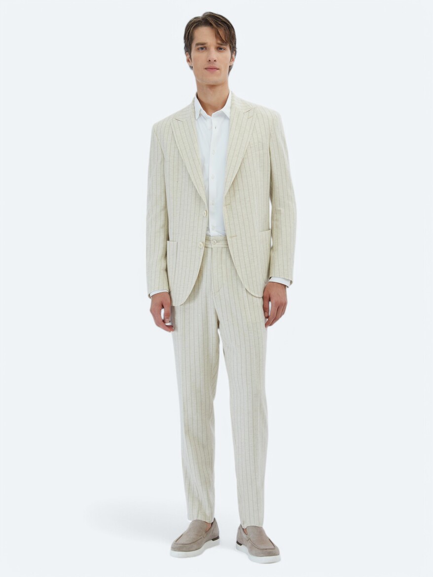 Beige Striped Comfort Fit Linen Blended Suit - 2