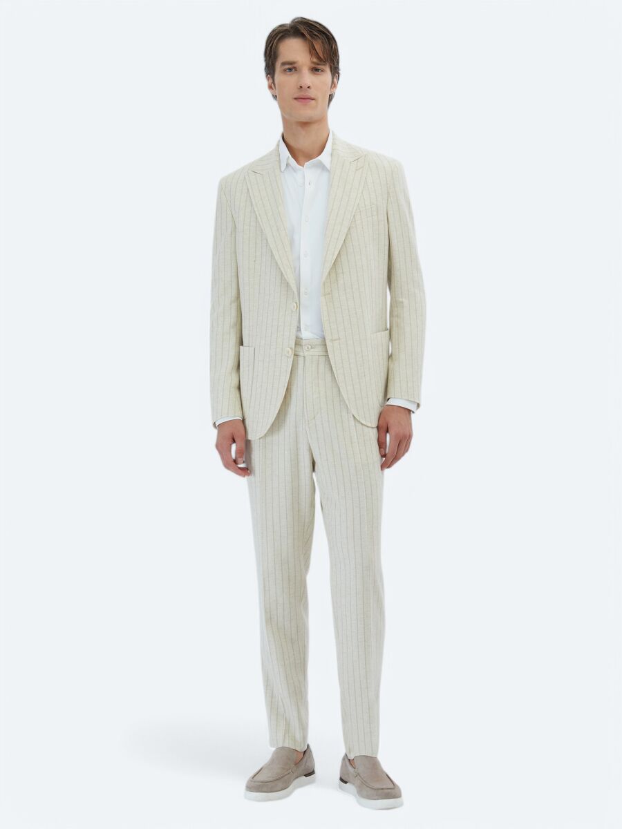 Beige Striped Comfort Fit Linen Blended Suit - 2