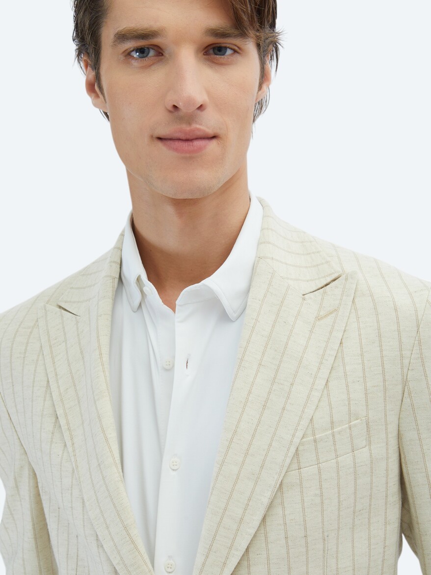 Beige Striped Comfort Fit Linen Blended Suit - 4