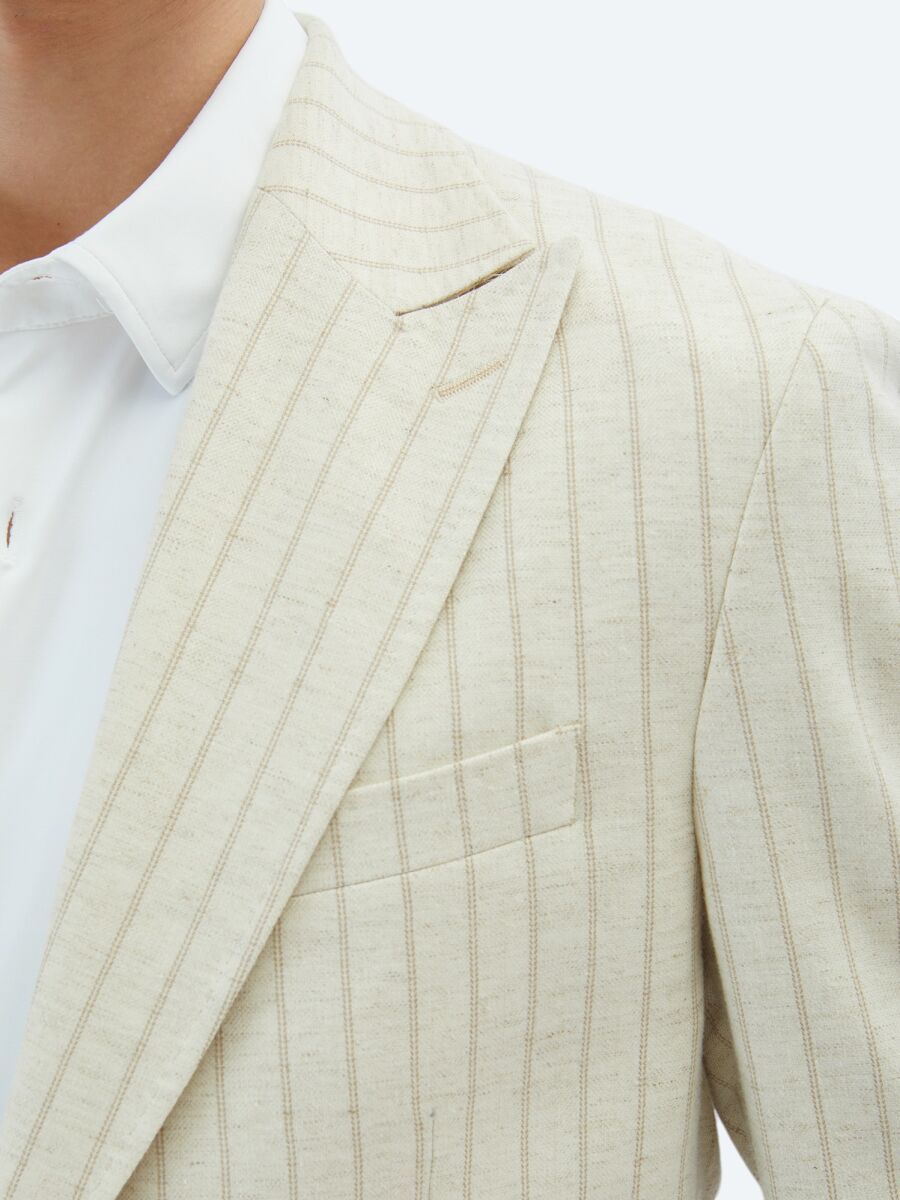 Beige Striped Comfort Fit Linen Blended Suit - 5