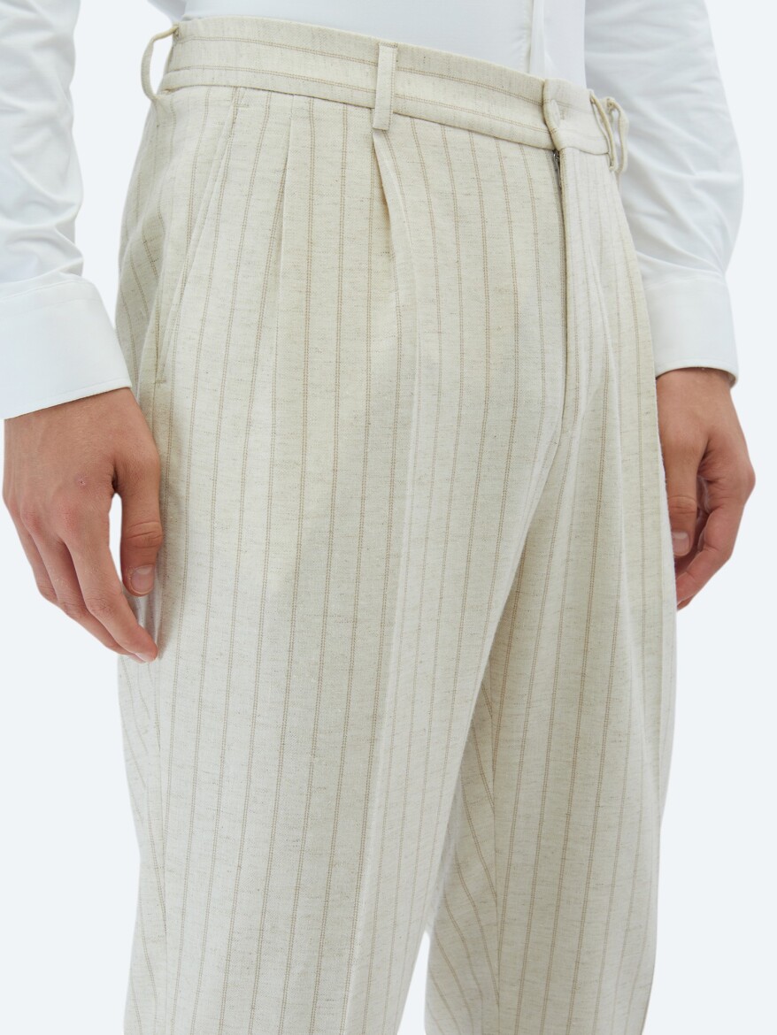 Beige Striped Comfort Fit Linen Blended Suit - 6