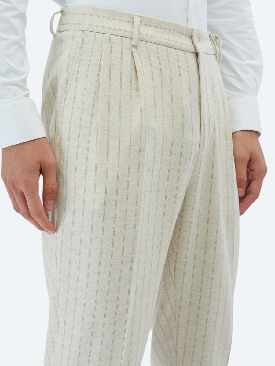 Beige Striped Comfort Fit Linen Blended Suit - 6