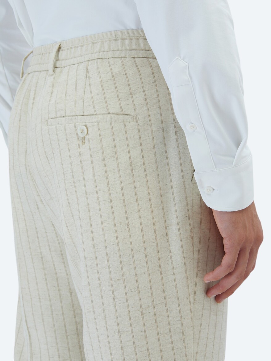 Beige Striped Comfort Fit Linen Blended Suit - 7