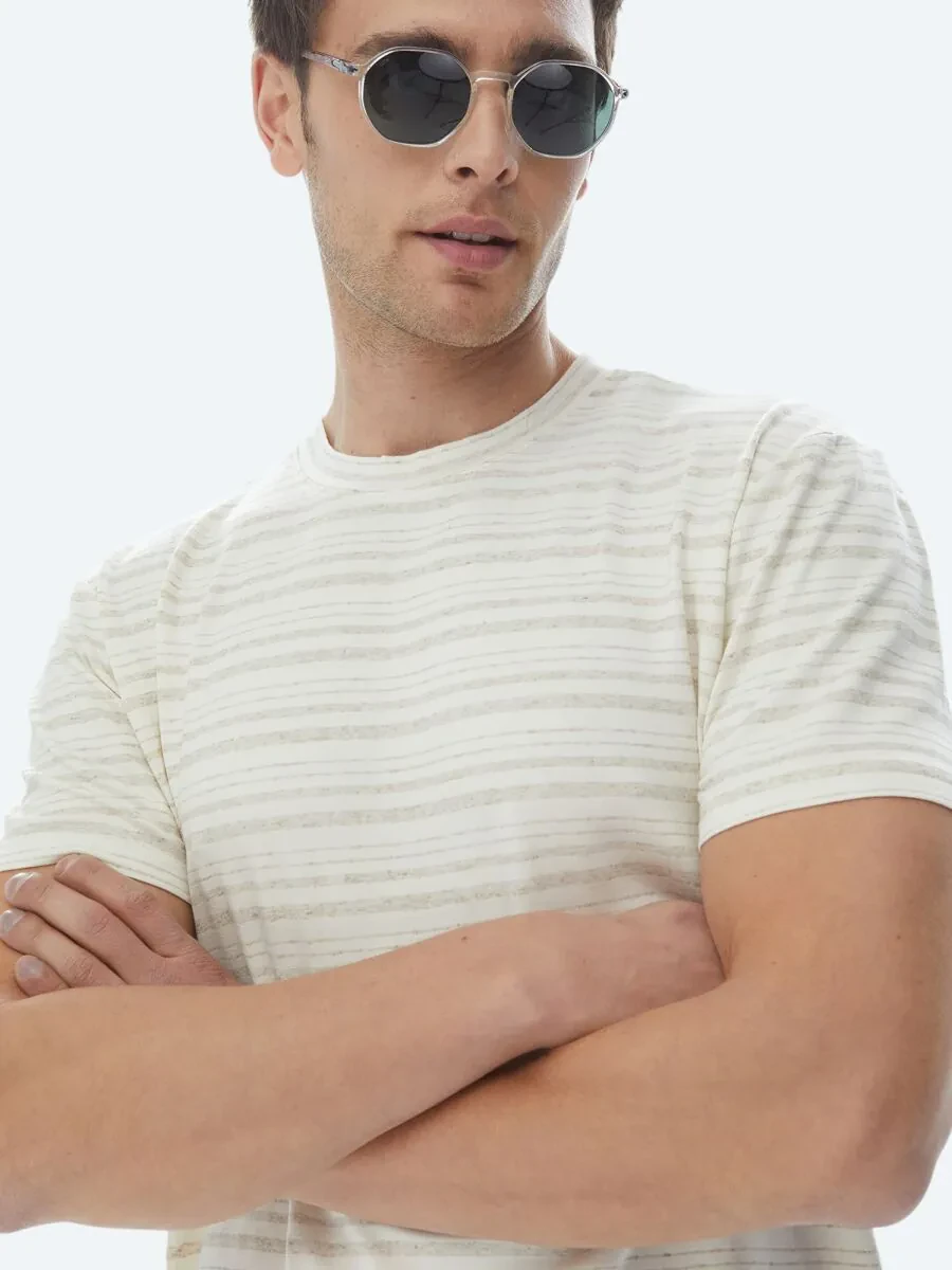 Beige Striped Crew Neck Linen Blended T-Shirt - 1