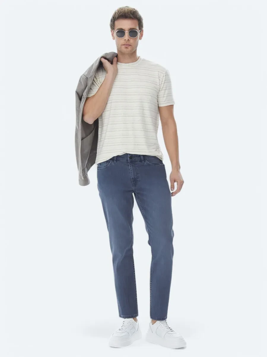 Beige Striped Crew Neck Linen Blended T-Shirt - 6