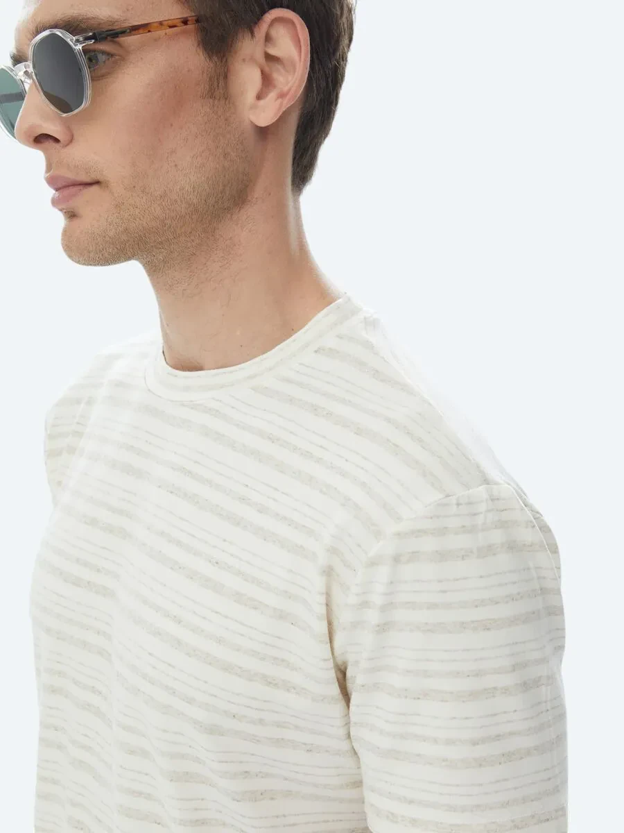 Beige Striped Crew Neck Linen Blended T-Shirt - 7