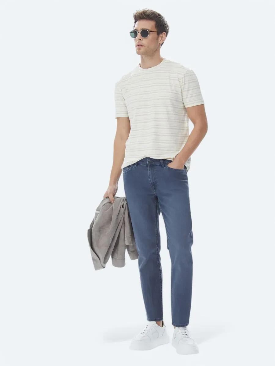 Beige Striped Crew Neck Linen Blended T-Shirt - 8
