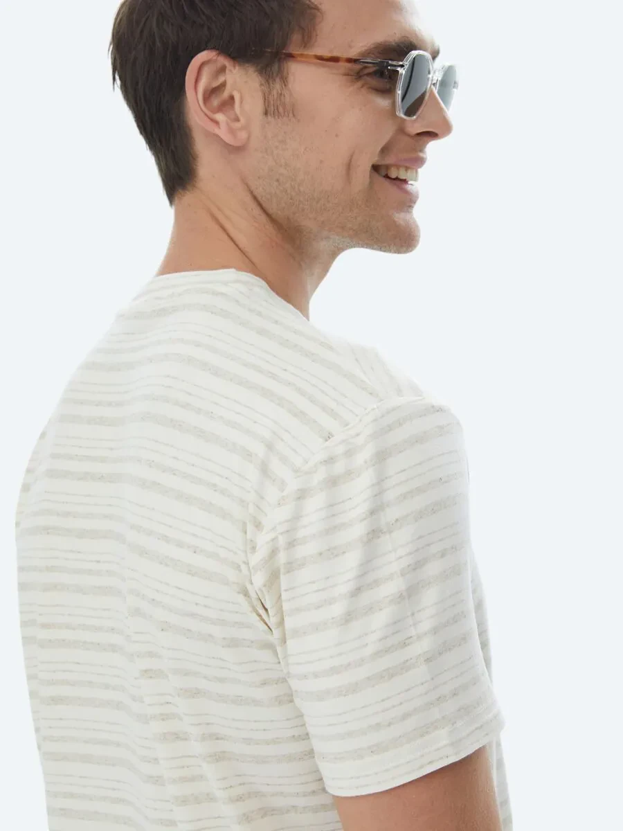 Beige Striped Crew Neck Linen Blended T-Shirt - 9