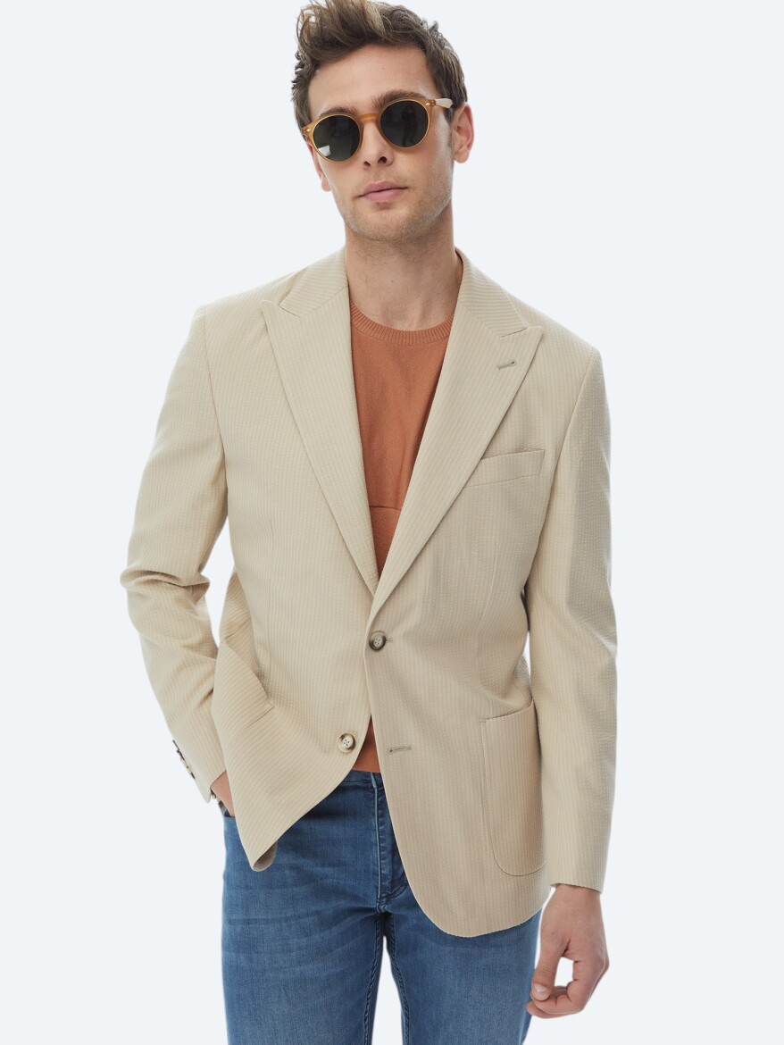 Beige Striped Modern Fit Cotton Blended Jacket - KİP
