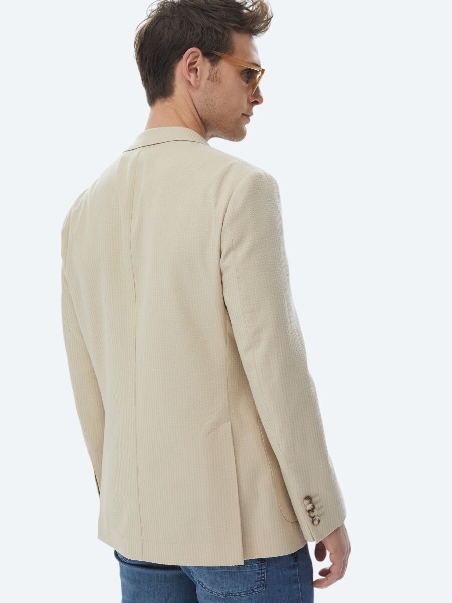 Beige Striped Modern Fit Cotton Blended Jacket - 9