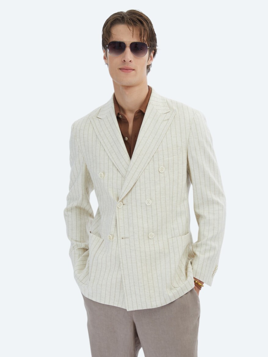 Beige Striped Modern Fit Linen Blended Jacket - KİP