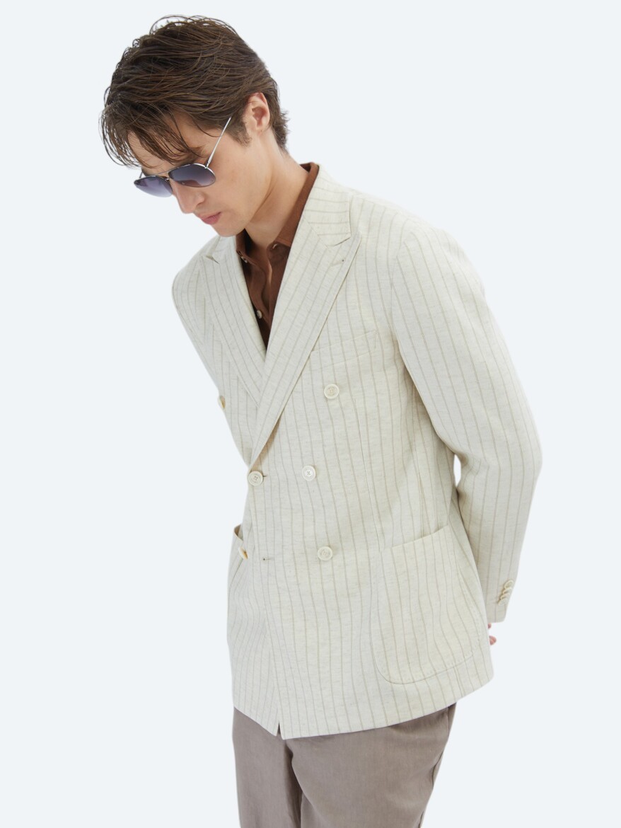 Beige Striped Modern Fit Linen Blended Jacket - 3