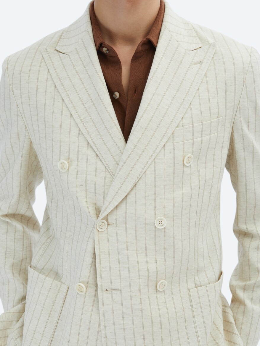 Beige Striped Modern Fit Linen Blended Jacket - 5