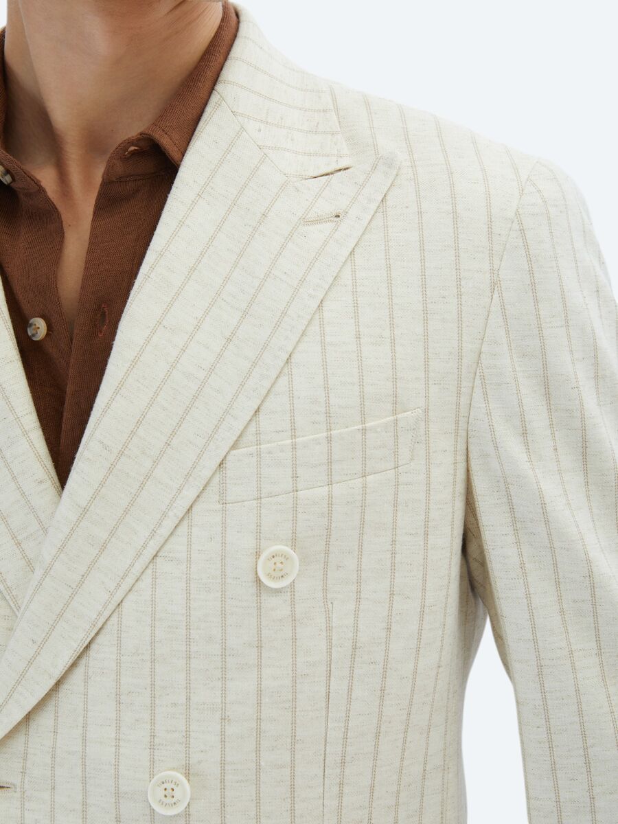 Beige Striped Modern Fit Linen Blended Jacket - 6