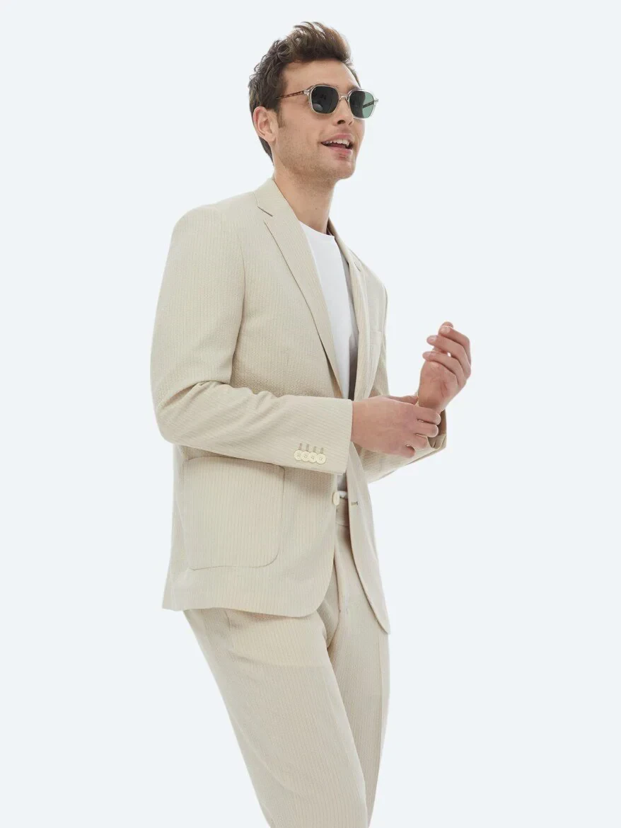 Beige Striped Modern Fit Suit - 1
