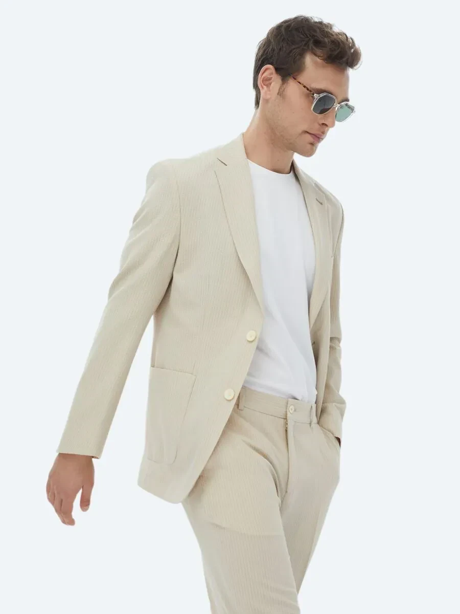 Beige Striped Modern Fit Suit - 4