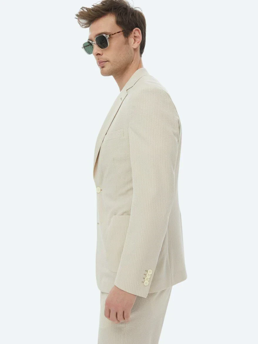 Beige Striped Modern Fit Suit - 5
