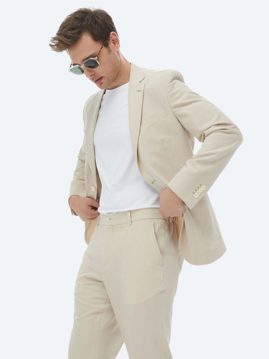Beige Striped Modern Fit Suit - 3