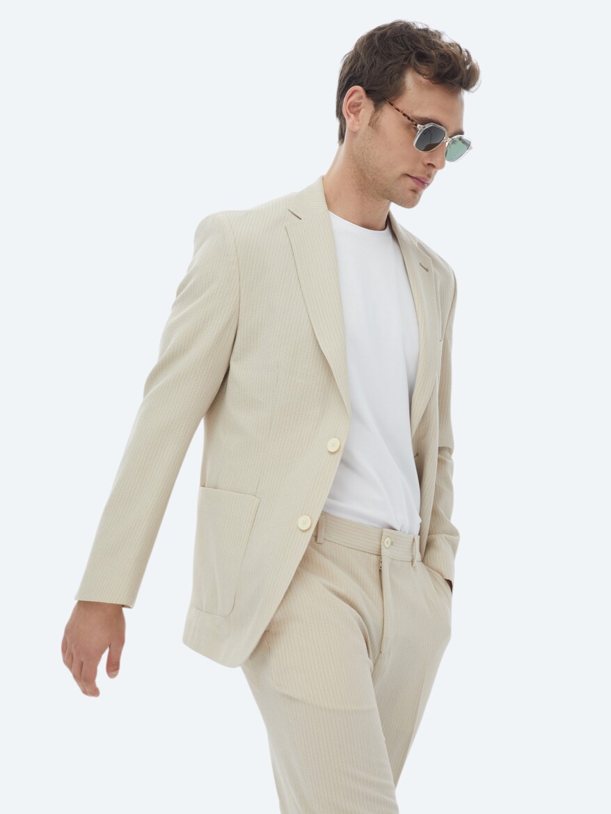 Beige Striped Modern Fit Suit - 4