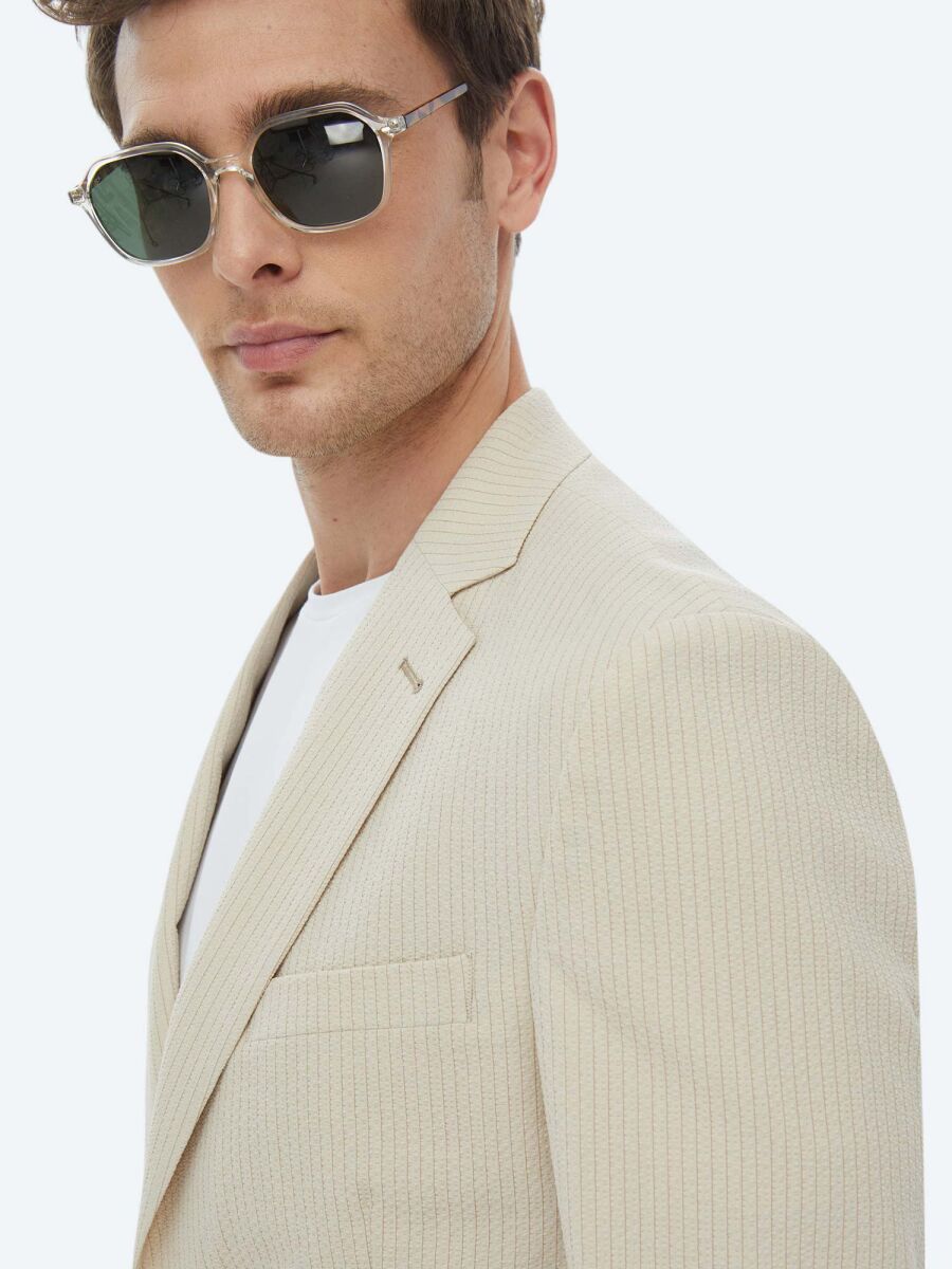 Beige Striped Modern Fit Suit - 6