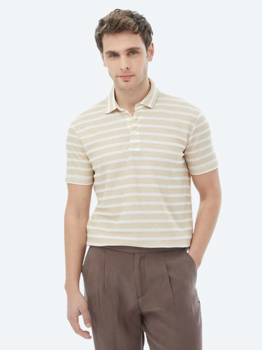 Beige Striped Polo Neck Cotton Blended T-Shirt - 1