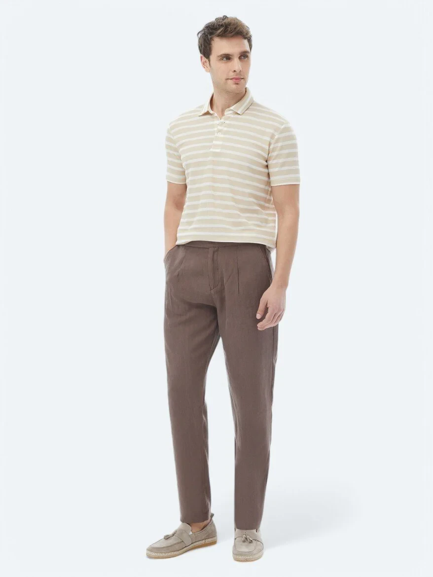 Beige Striped Polo Neck Cotton Blended T-Shirt - 2