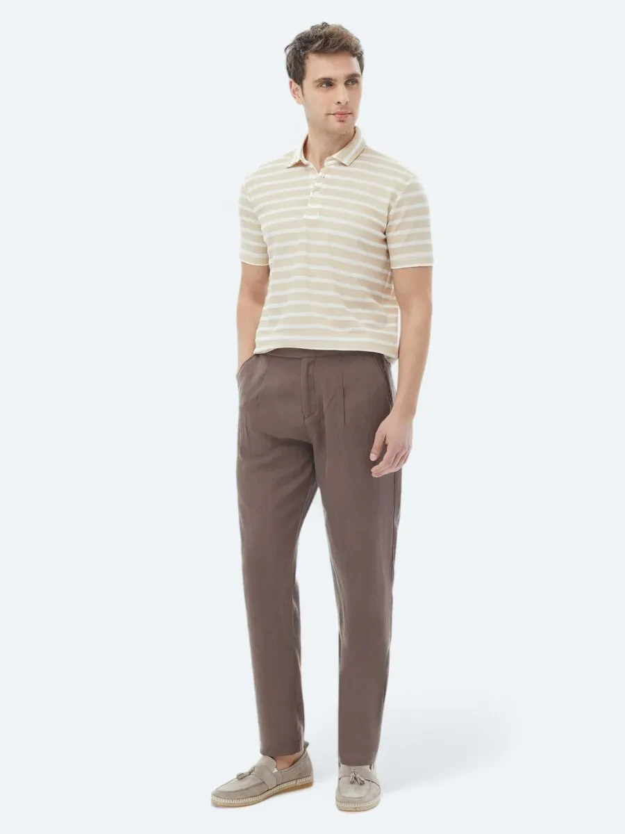 Beige Striped Polo Neck Cotton Blended T-Shirt - 2