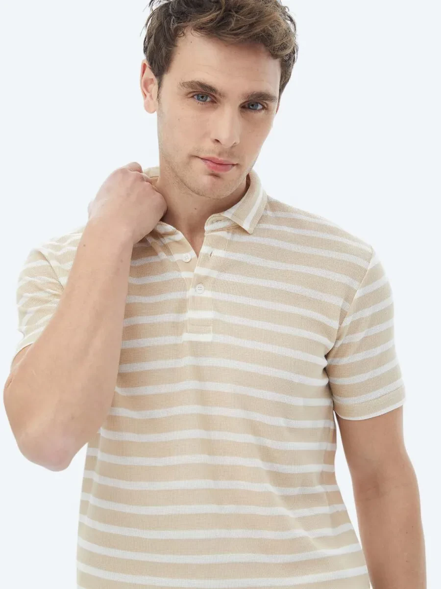 Beige Striped Polo Neck Cotton Blended T-Shirt - 3