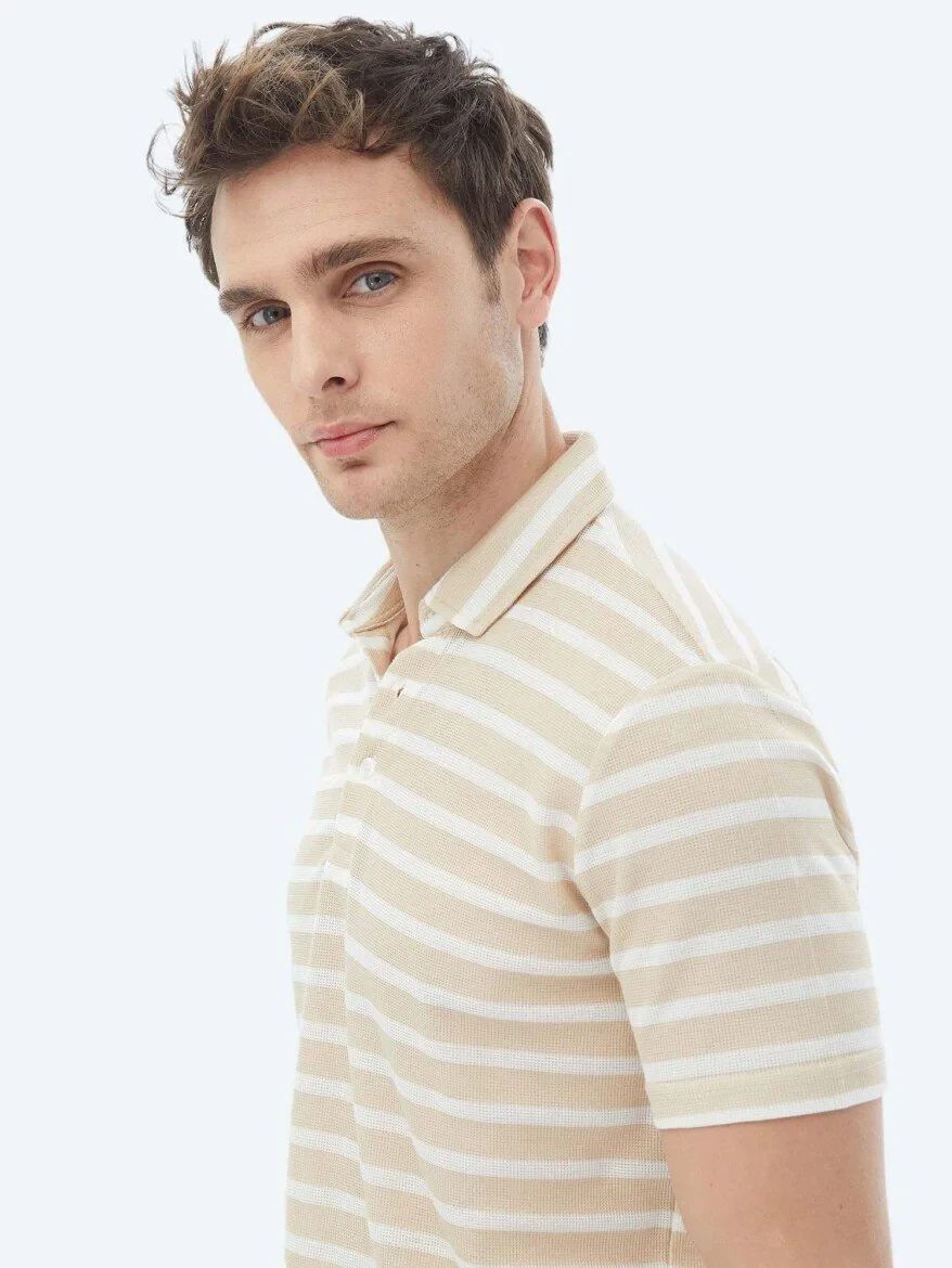 Beige Striped Polo Neck Cotton Blended T-Shirt - 4