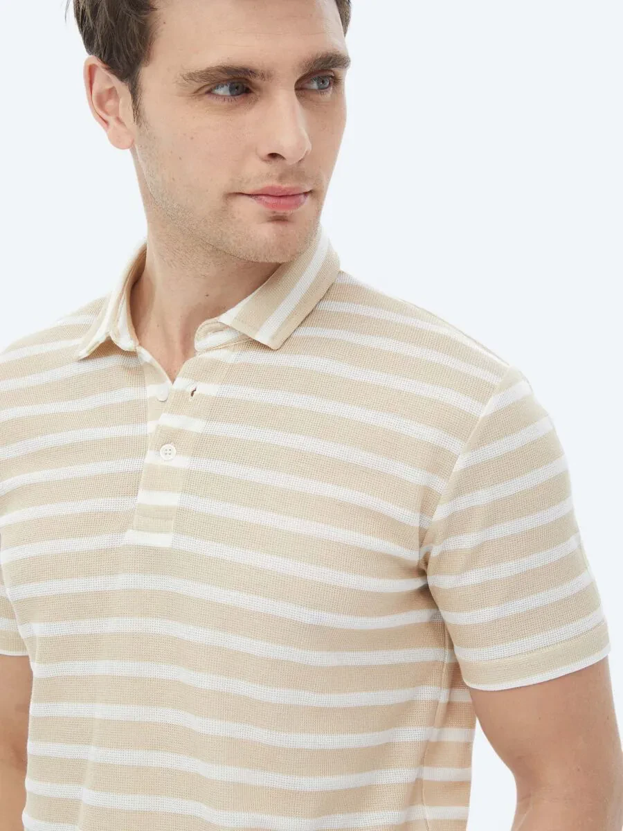 Beige Striped Polo Neck Cotton Blended T-Shirt - 5