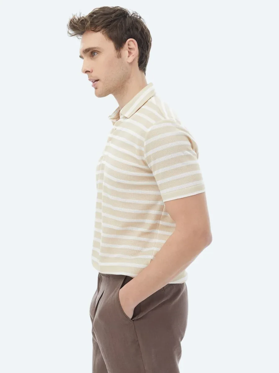 Beige Striped Polo Neck Cotton Blended T-Shirt - 6