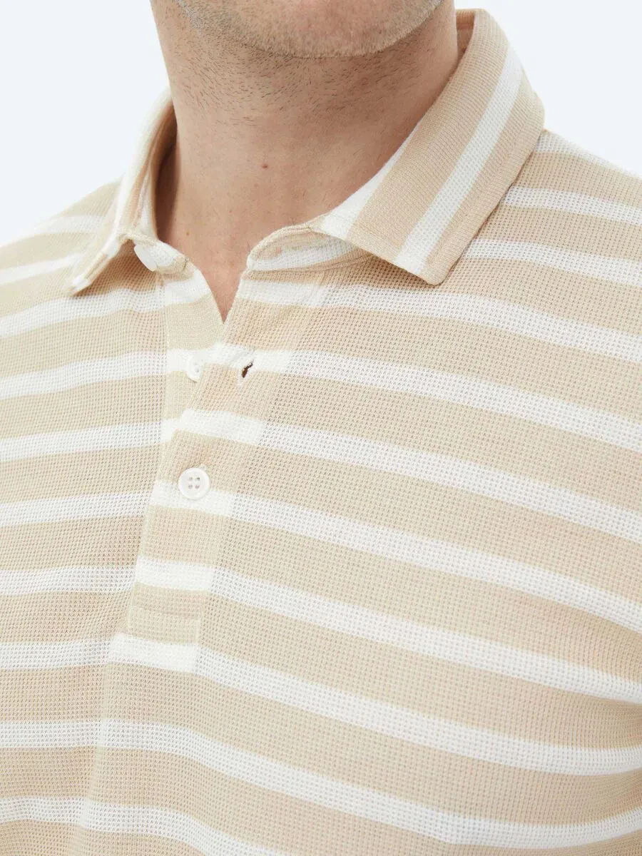 Beige Striped Polo Neck Cotton Blended T-Shirt - 7