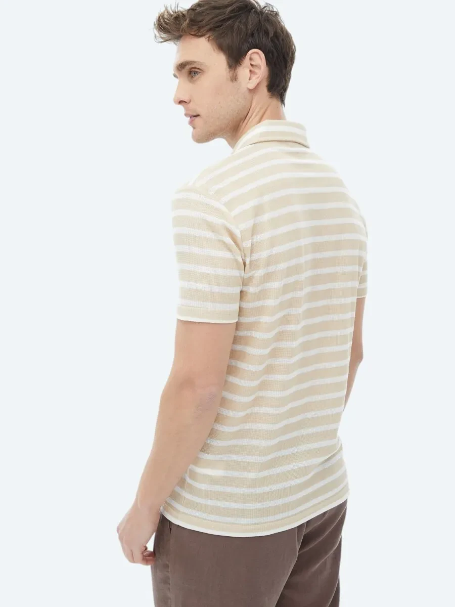 Beige Striped Polo Neck Cotton Blended T-Shirt - 8