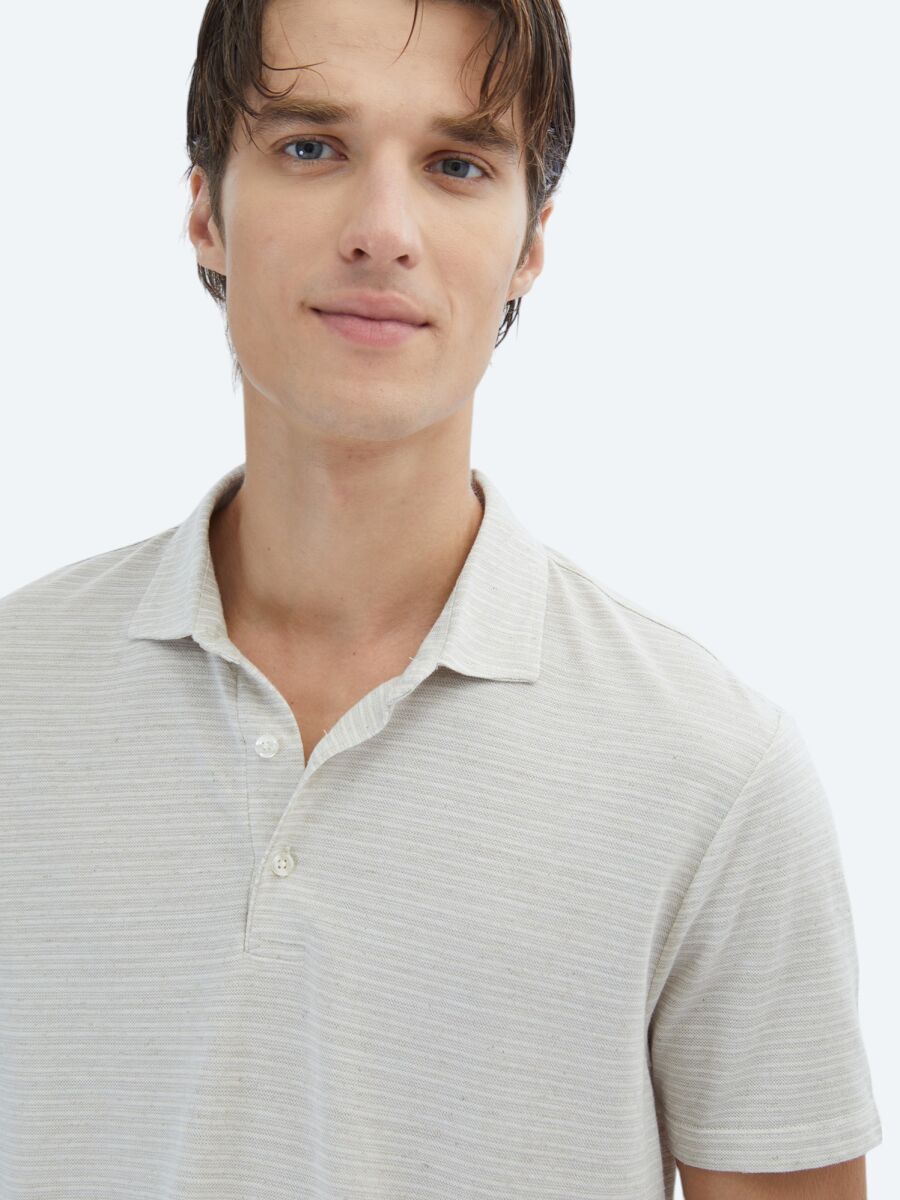 Beige Striped Polo Neck Cotton Blended T-Shirt - 3