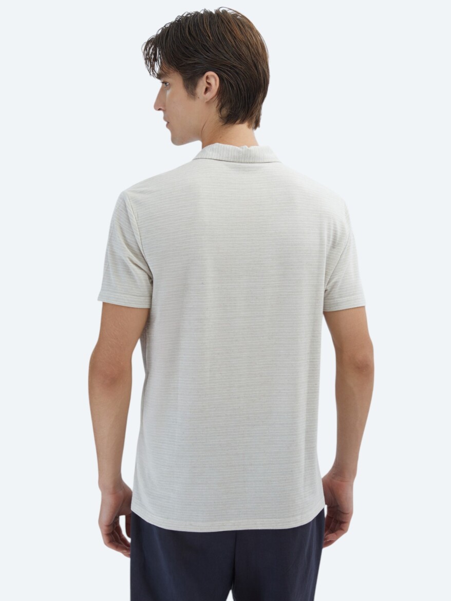 Beige Striped Polo Neck Cotton Blended T-Shirt - 6