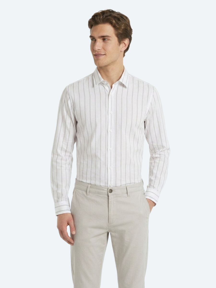 Beige Striped Regular Fit Long Weaving Casual Cotton Blended Shirt - 2